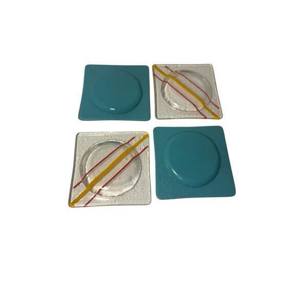4 Art Glass Fused Artisan Coasters Blue Yellow Red  Trinket bowl Decor Vintage - Picture 13 of 16